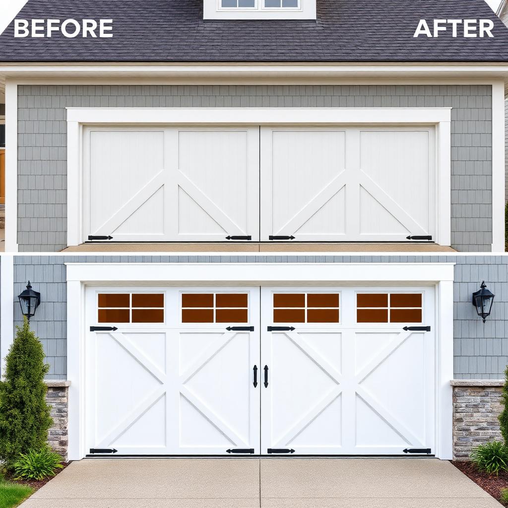 Before and after garage door installation showing farmhouse barn-style door with X-pattern in Central Florida home
